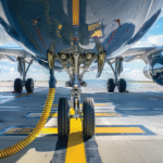 Close up image of the underside of an airplane on a runway