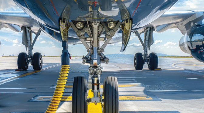 Close up image of the underside of an airplane on a runway
